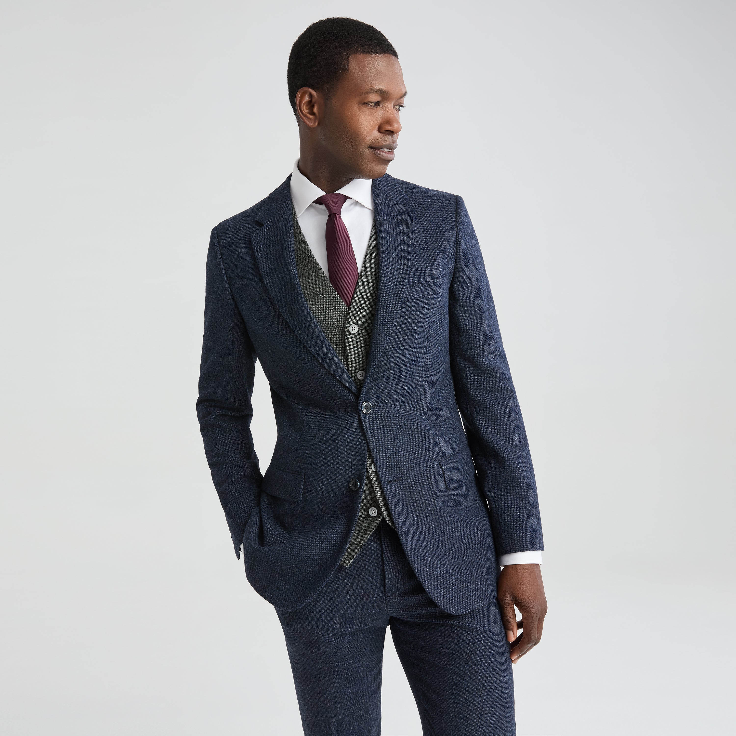 Men's Navy Blue Tweed Suit Jacket - Image 3