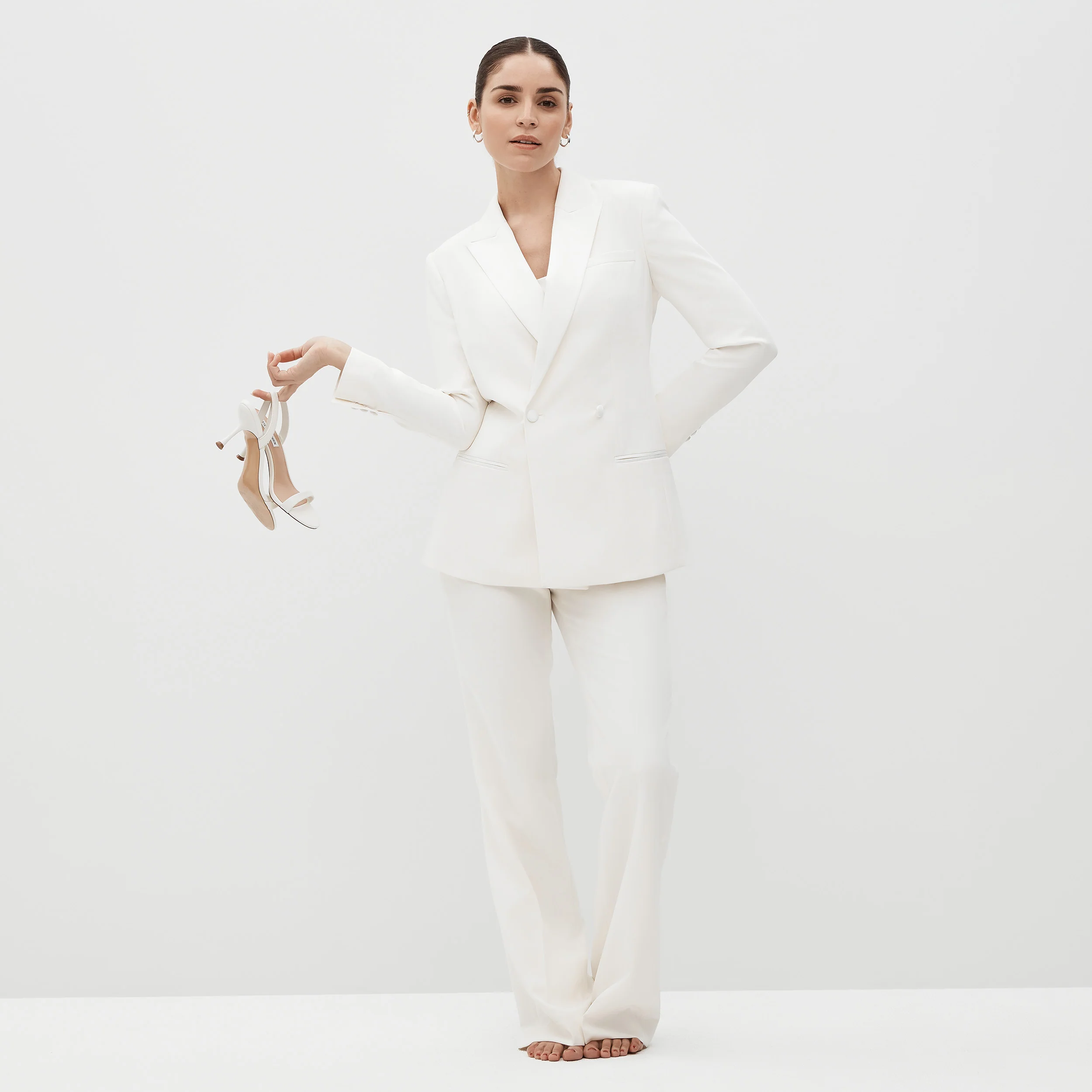 Women's Ivory White Double Breasted Tuxedo Jacket - Image 3